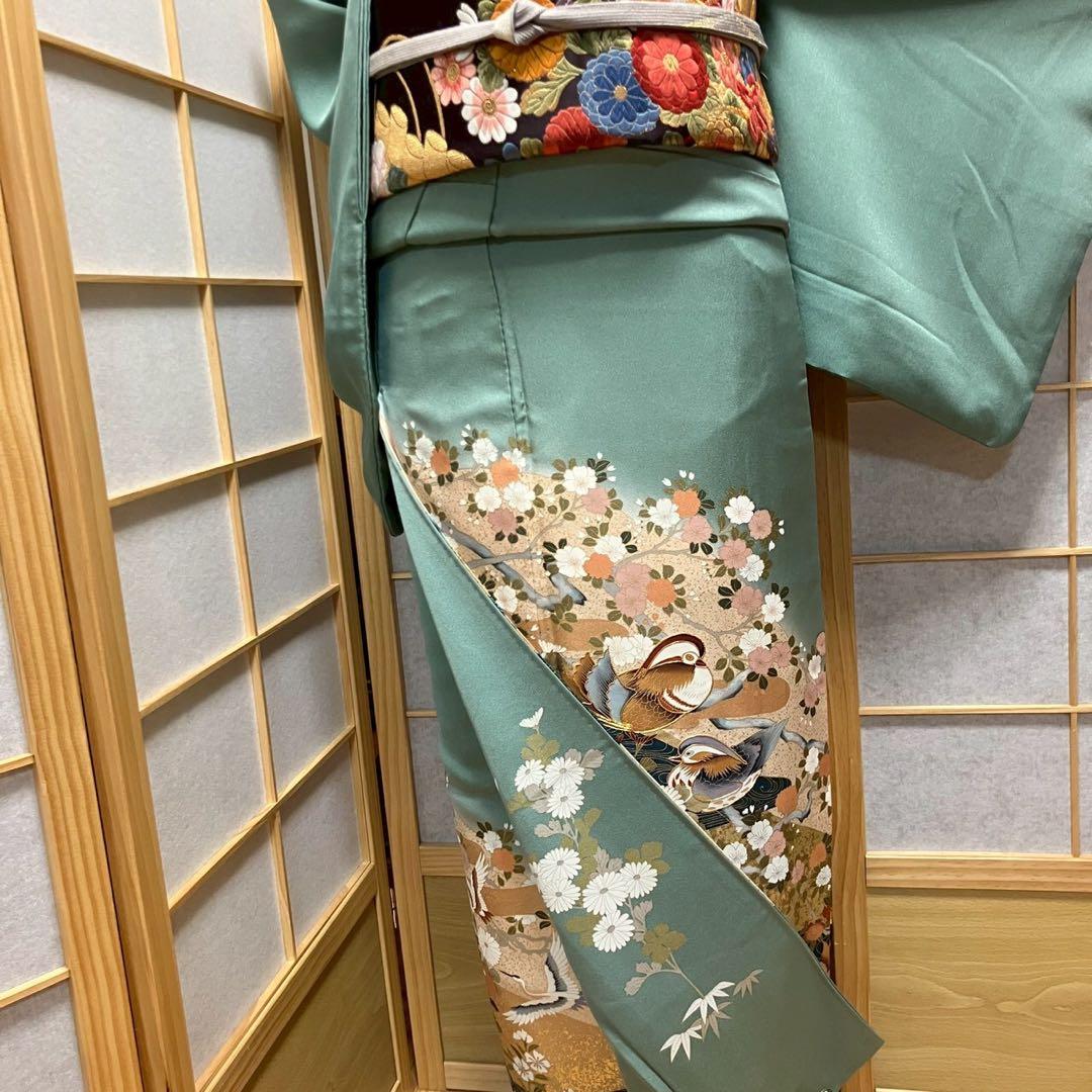 ［6479］色留袖 美品 鴛鴦花 駒刺繍 三つ紋 木瓜 正絹 着物 袷