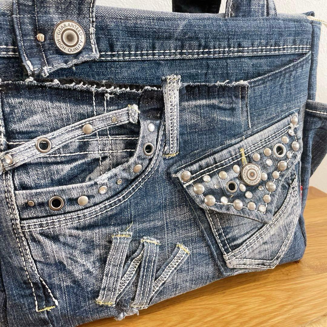 BIG★ポケットいっぱい ファスナー付き 2wayトートバッグ デニムリメイク