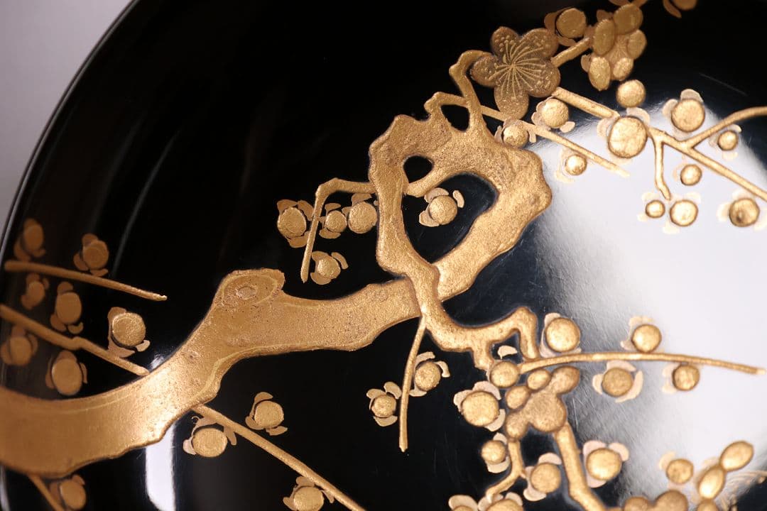【CM233】古い木皿 五客 梅 金蒔絵 黒塗 小皿 菓子皿 木製漆器 大正昭和