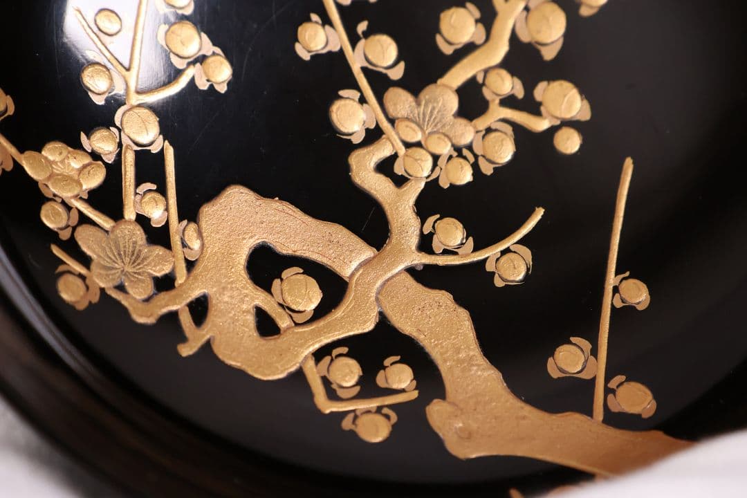 【CM233】古い木皿 五客 梅 金蒔絵 黒塗 小皿 菓子皿 木製漆器 大正昭和