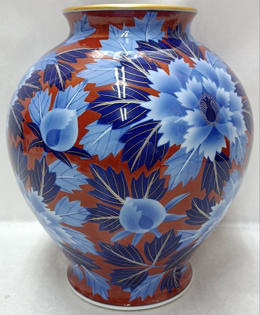 オールド香蘭社　レア陶印ロゴ金線　木蓮紋染付赤瑠璃金彩花瓶・飾り壺