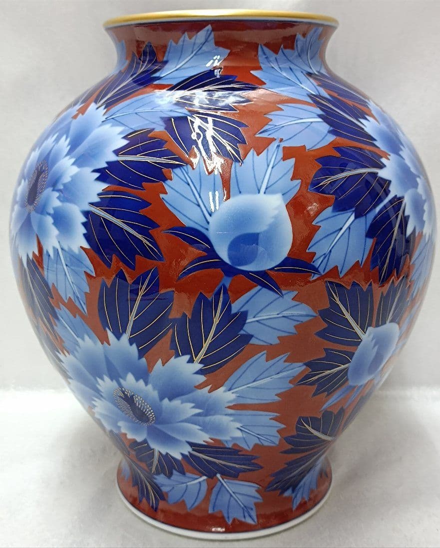 オールド香蘭社　レア陶印ロゴ金線　木蓮紋染付赤瑠璃金彩花瓶・飾り壺