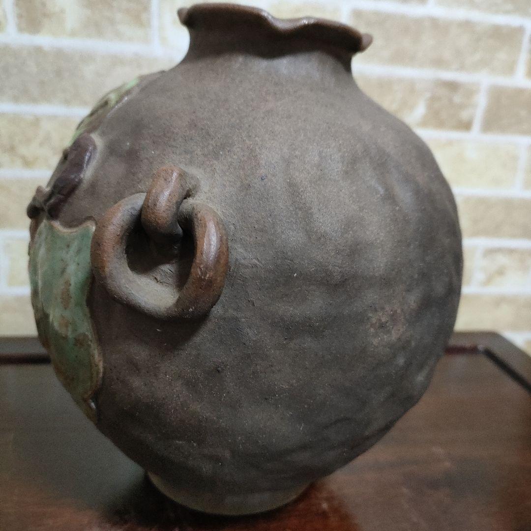 【希少】鍋島焼 幾平作 盛上彩釉柿絵彫 浮彫 双耳花瓶 花器