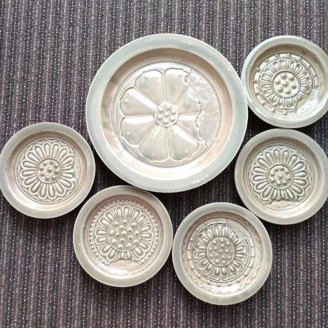 【美品】赤膚山／赤膚焼　大塩正松　蓮華瓦文様　大皿１枚　取皿５枚　計６枚セット