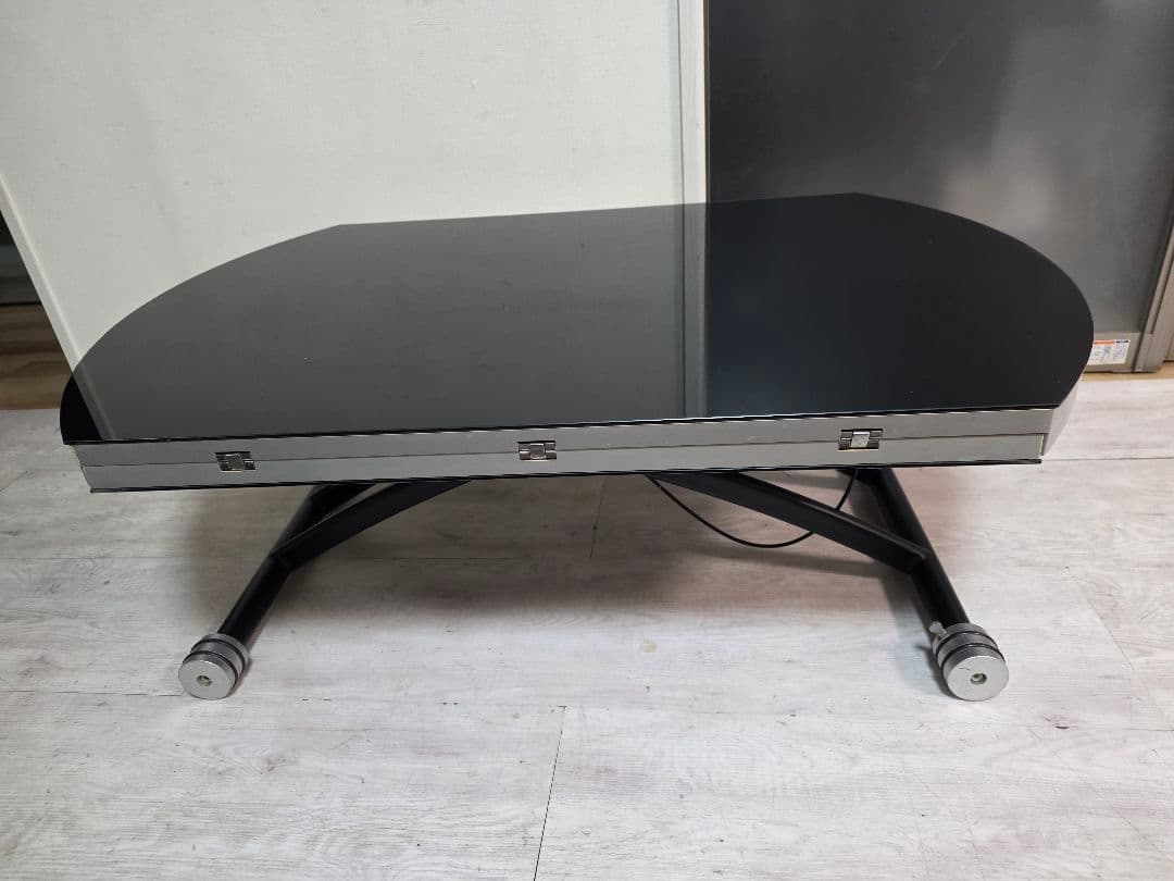 ガス圧式昇降式　拡張式天板折りたたみ式サイドテーブル　円型ガラステーブル