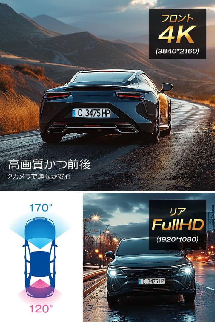ドライブレコーダー ミラー型 前後カメラ 12インチ大画面 4K高画質 GPS