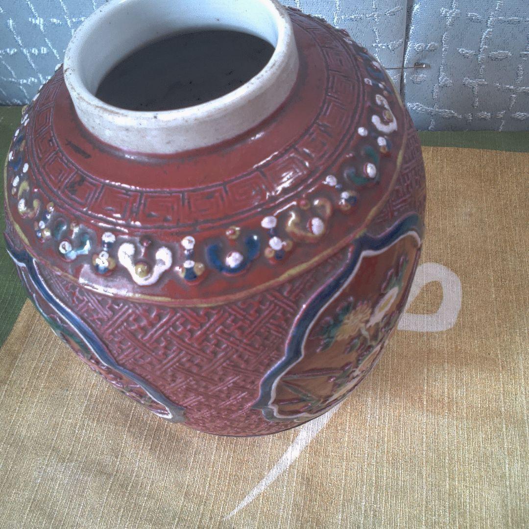 骨董 レトロ アンティーク赤い陶器製印籠 花模様中古