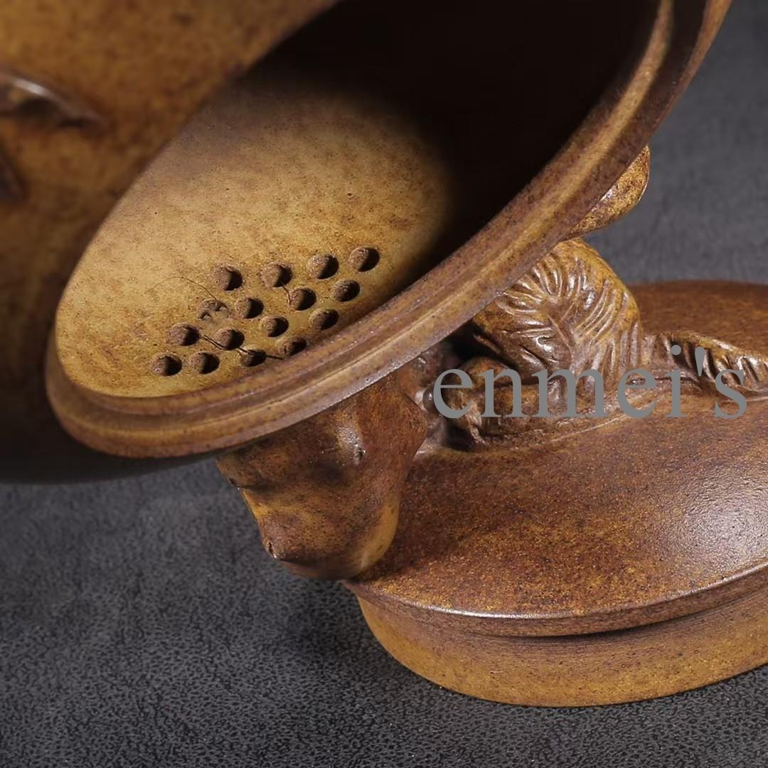 中国紫砂壺・母子獅子彫刻茶壺・底款:蒋蓉・原鉱段泥・急須・茶道具・置物・煎茶道具