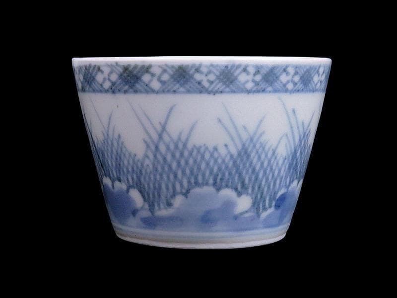 古伊万里　染付　雪輪に葦の図　蕎麦猪口　E760AS-CYl