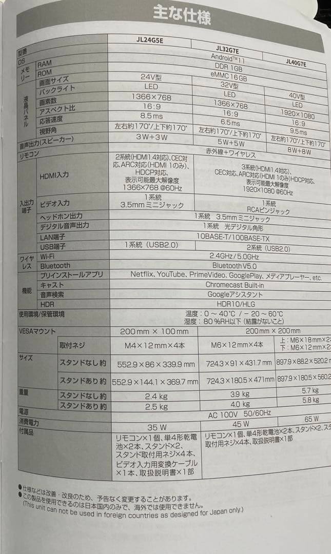 24型スマート液晶テレビ スタンド付き JL24G5EブラックCHiQ