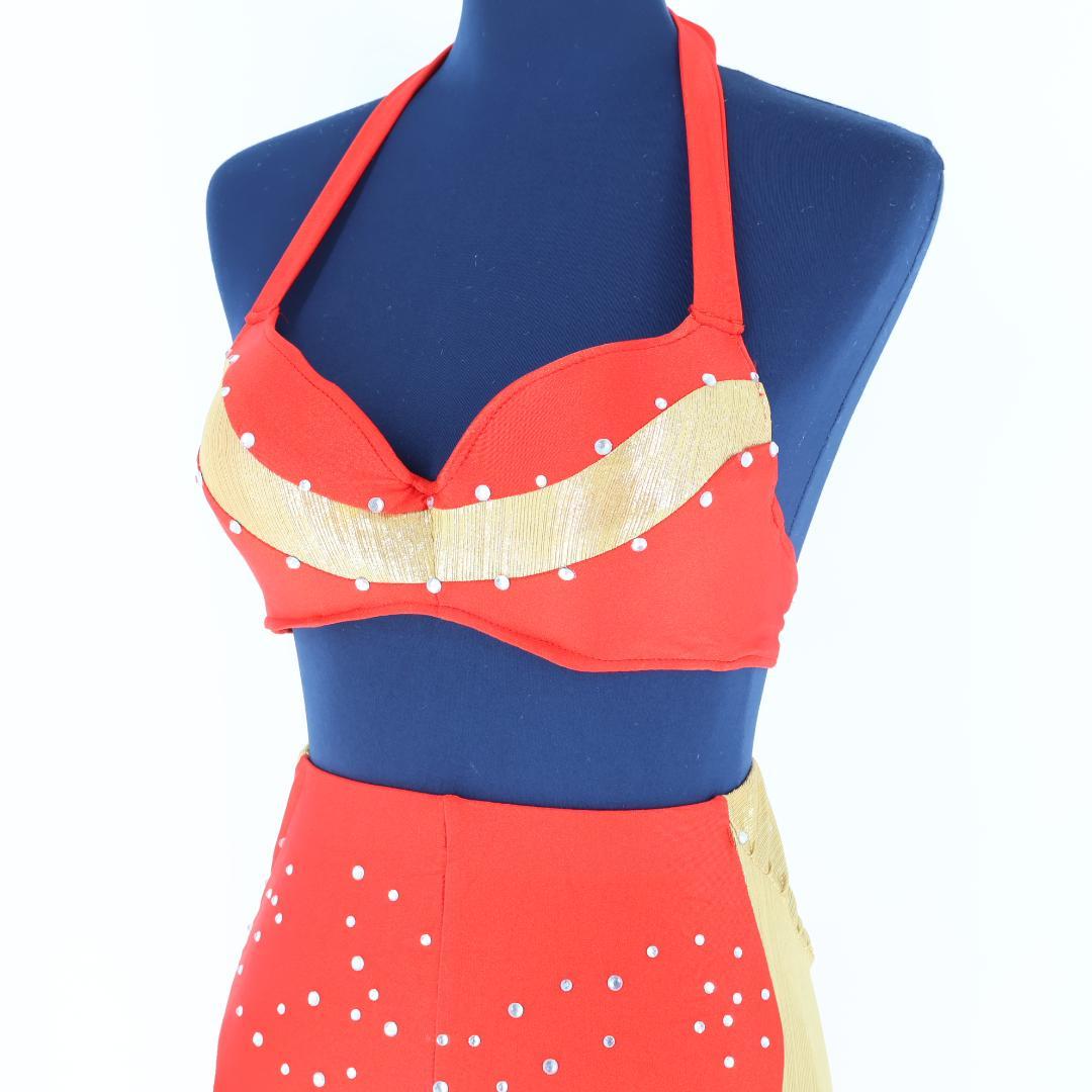 【ベリーダンス用 オリエンタル衣装】レッド×ゴールド ストーンラメ タイト 赤