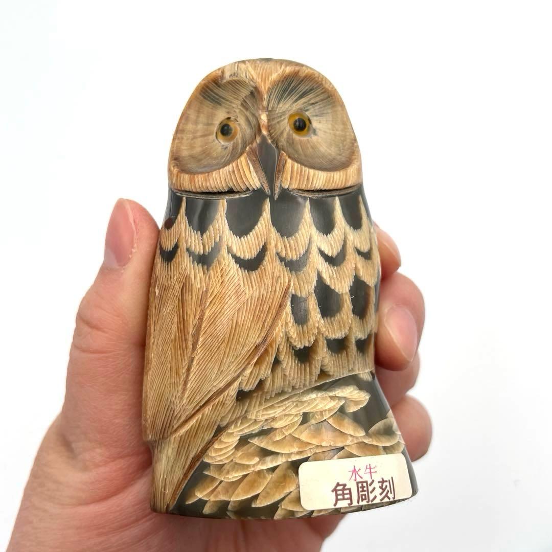 フクロウの水牛角彫刻置物