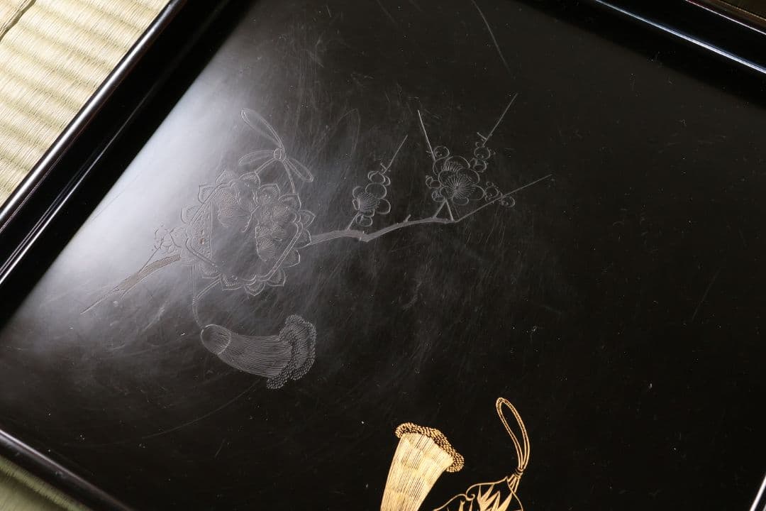 大正 本堅地 黒艶消 風鎮松竹梅 沈金 会席膳 十客 木製漆器【CM182】