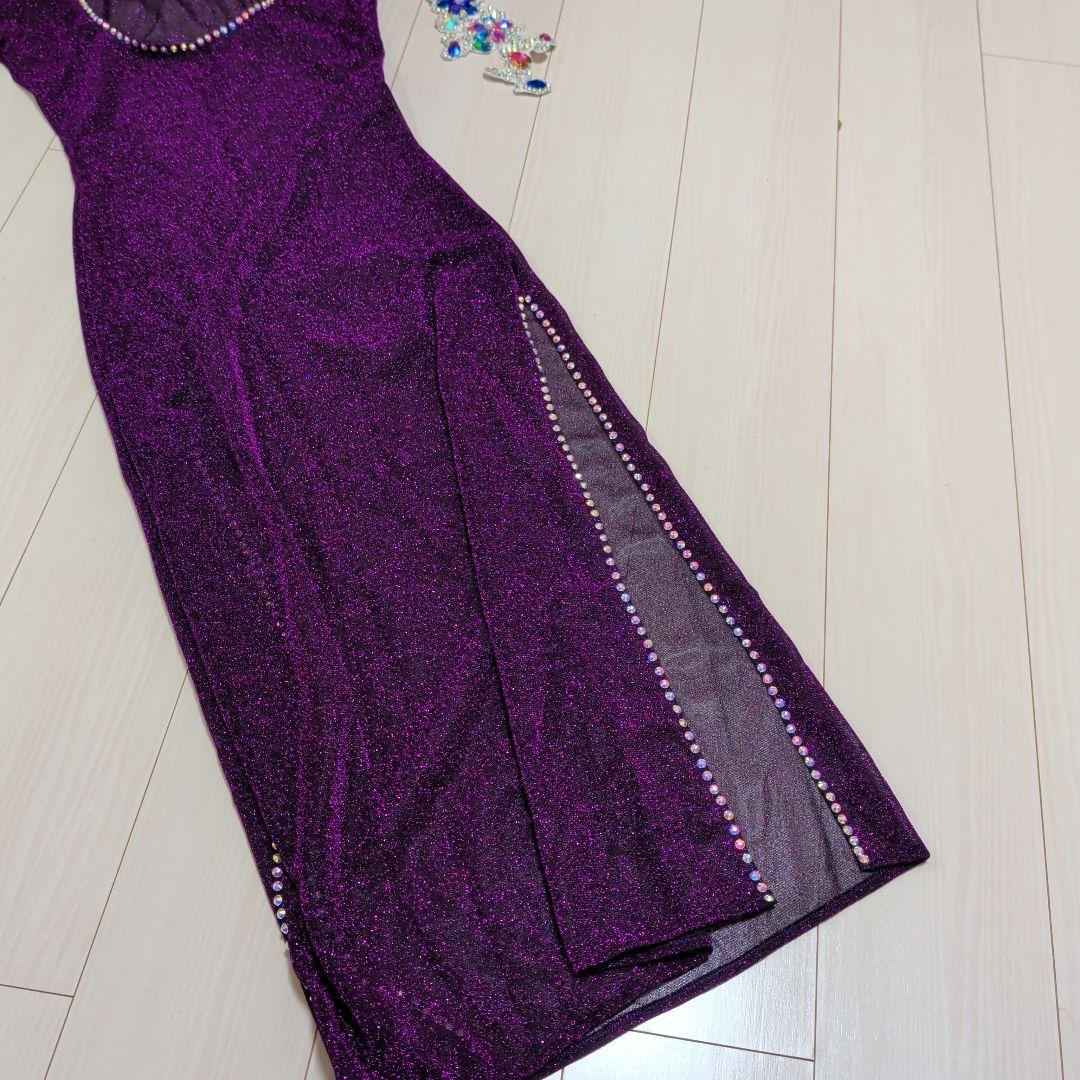 ベリーダンス サイーディドレス パープル グリッター+ゴールドヒップスカーフ