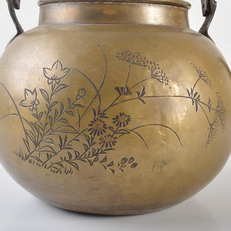 煎茶道具　銅製　彫金花文　湯沸し　水次　薬缶　D　R6514