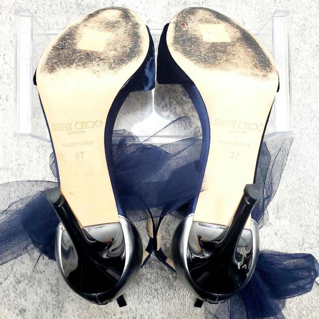 高級感✨ジミーチュウ ベルベットサンダル 37 ネイビー チュールリボン