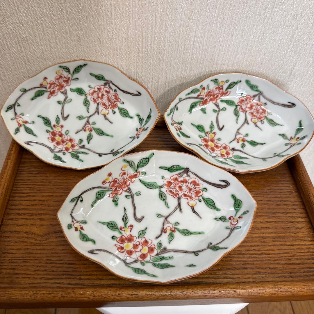 ⭐️九谷焼⭐️正木春蔵❤️色絵花折枝文菱形向付《小皿・向付16.0cm》 3枚セット
