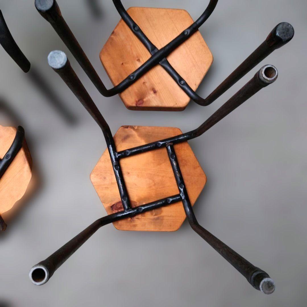 其のニ 古材パッチワーク椅子 スツール 鉄脚 正六角形 4点セット 古道具