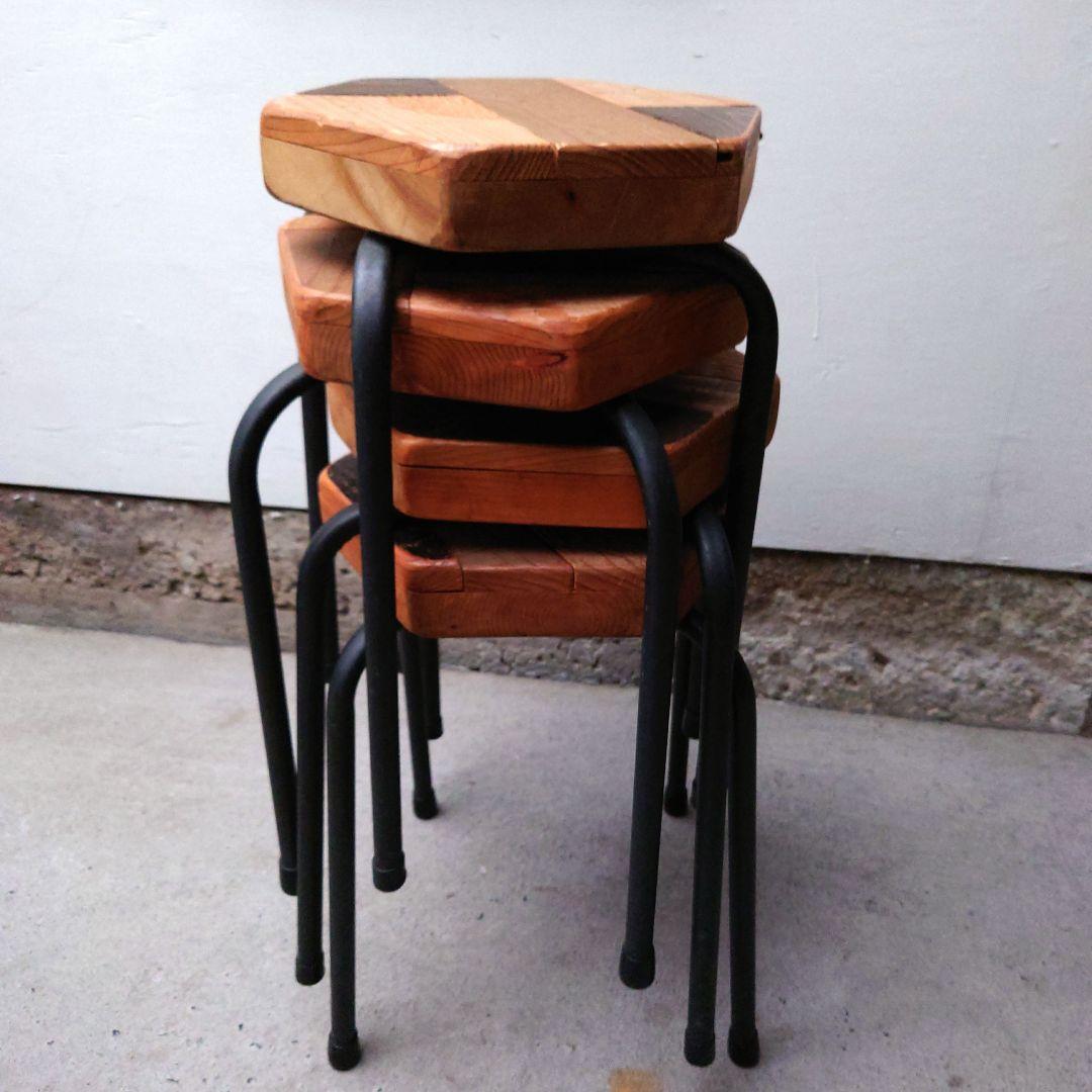 其のニ 古材パッチワーク椅子 スツール 鉄脚 正六角形 4点セット 古道具