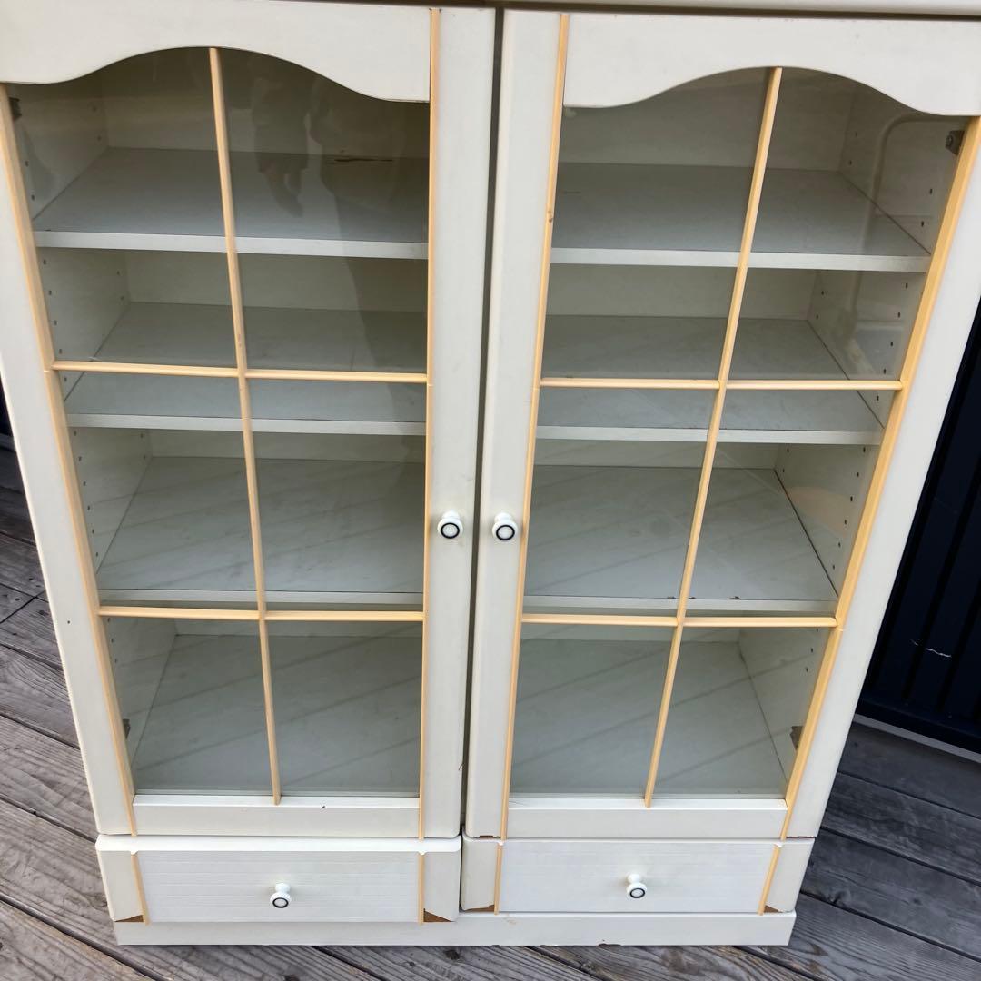 昭和レトロ ガラス扉 窓枠風 木製サイドボード 飾り棚 カップボード 古家具
