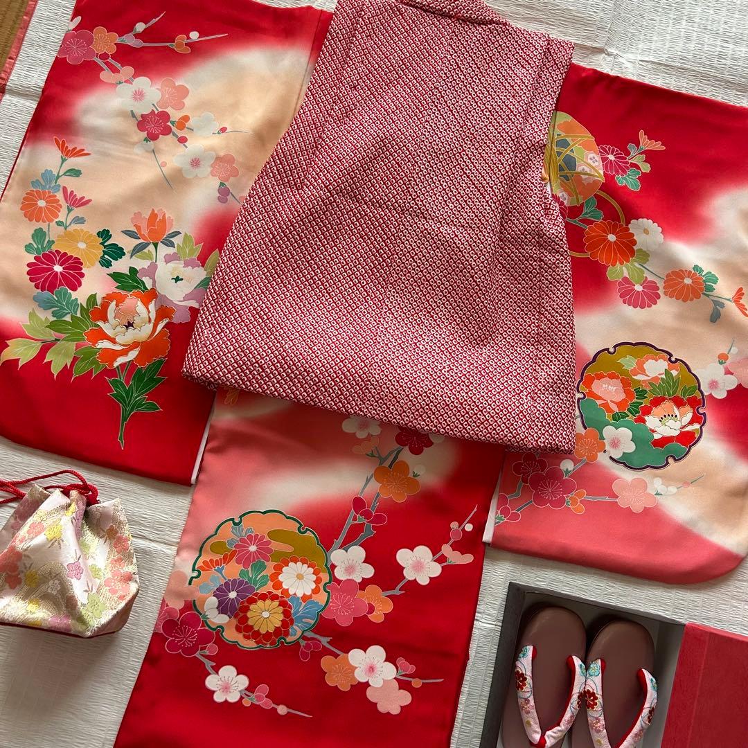 七五三 3歳 総絞り 被布 着物 絹 三歳 赤 草履 753 女の子 友禅染