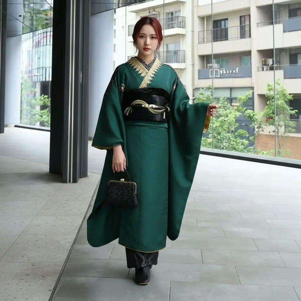 SALE中☆振袖フルセット(7点)・成人式・緑・色無地振袖・三つ紋・モノトーン