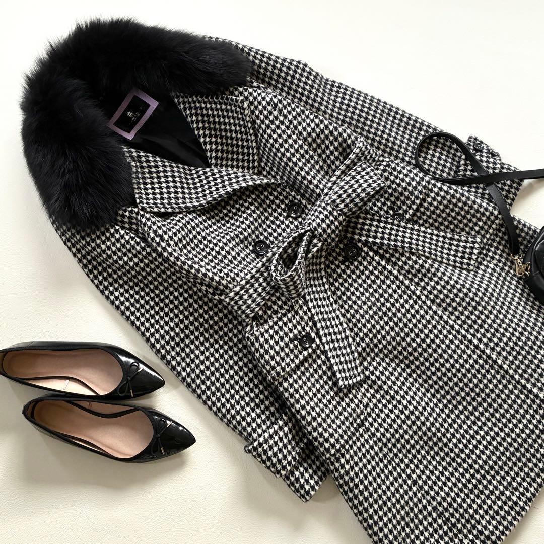 ◆上質◆大きいサイズ◆ブルーフォックス◆ロングウールコート◆千鳥格子◆白黒◆LL