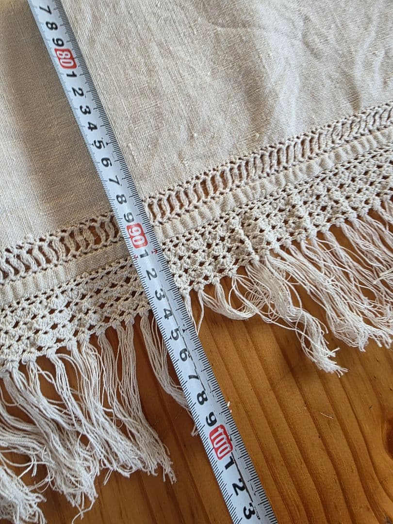 フランスアンティーク　手織りリネン　フリンジ付きクロス G.M刺繍
