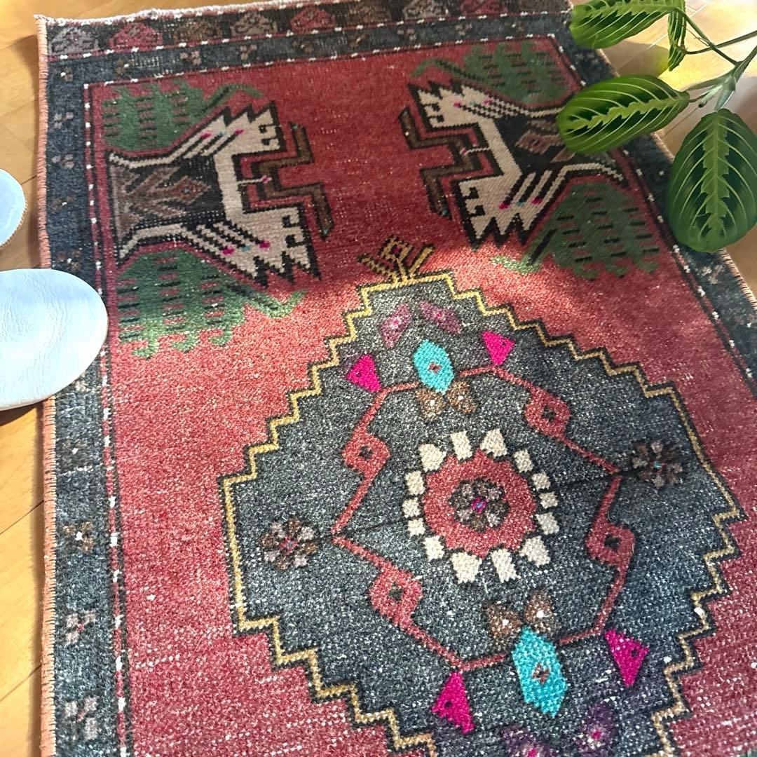 48×102 深みある赤茶色×グレイ　メダリオン　トルコヴィンテージラグ