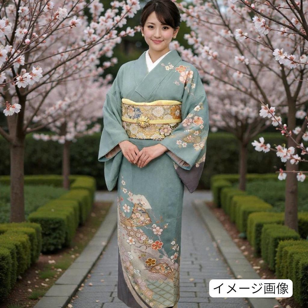 裄68.2、身丈158.3cm☆正絹　良家のちりめん訪問着　青磁色に扇面と梅