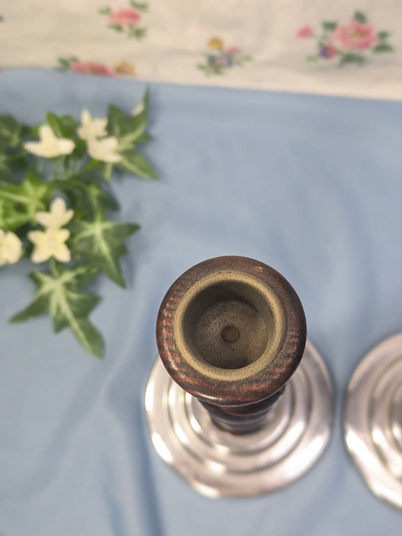 イギリス アンティーク オーク材 キャンドルスタンド ペア ２個セット