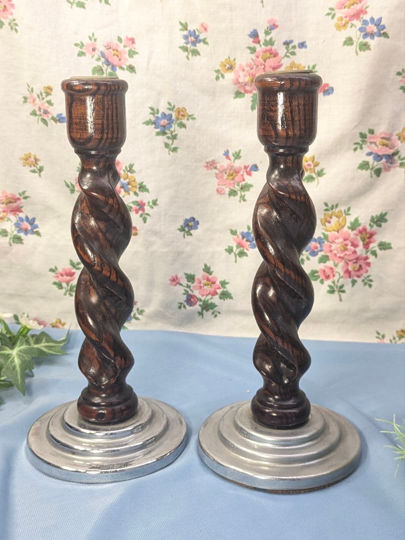 イギリス アンティーク オーク材 キャンドルスタンド ペア ２個セット