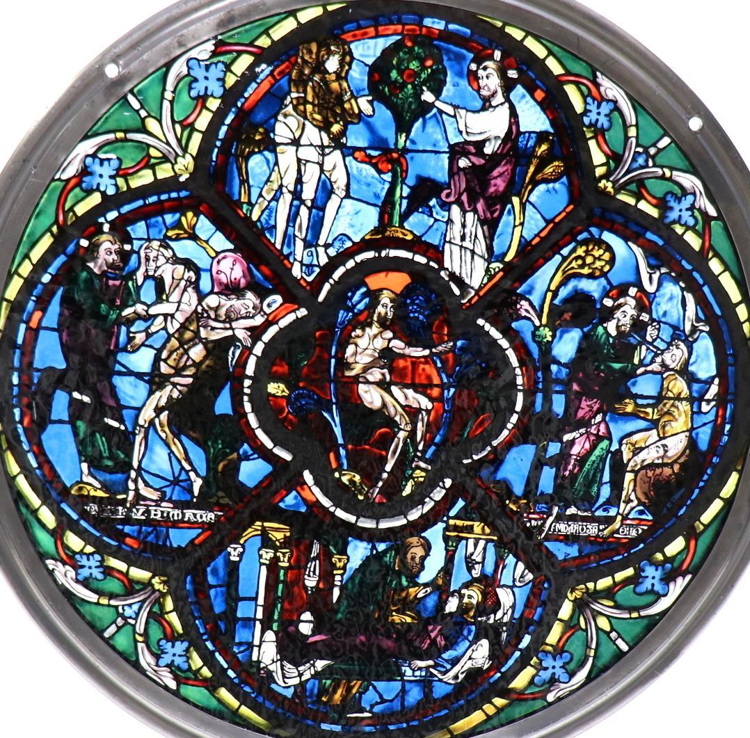 大型 アダムとイブ ヴィンテージ ステンドグラス 教会 旧約聖書 創世記