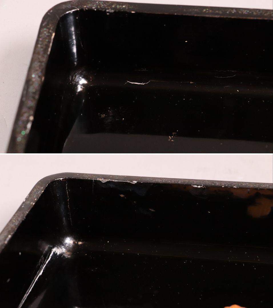 時代 光琳蒔絵 脇取盆 二枚 螺鈿 菊 金銀蒔絵 長方盆 広蓋 黒塗 MA404