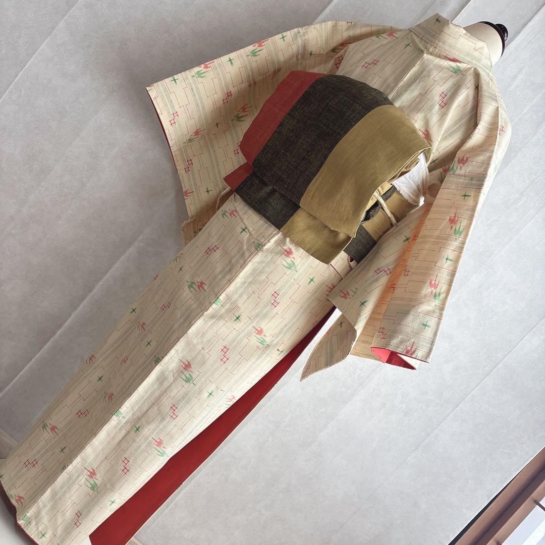 小紋　フルセット　着物　紬　トールサイズ　正絹　琉球絣柄　ナチュラル　J2 2月