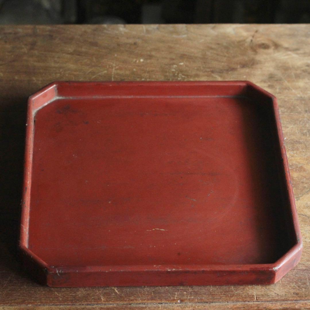 隅切 折敷 朱塗り 盆 古美術 古道具 アンティーク 盆 折敷盆
