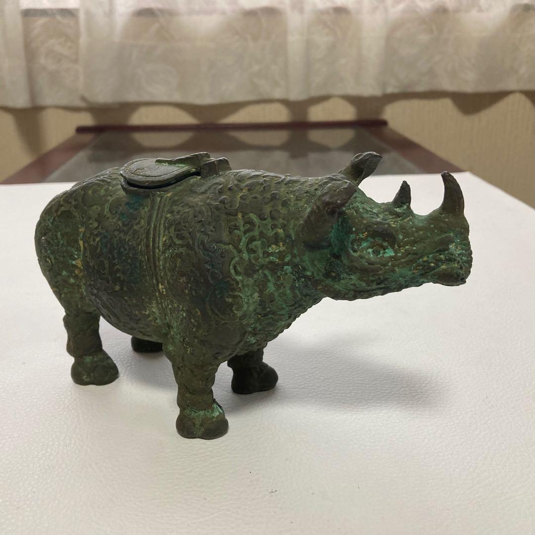 古いサイの置物 動物 銅製 オブジェ 香炉 工芸品 古美術 骨董品 レトロ