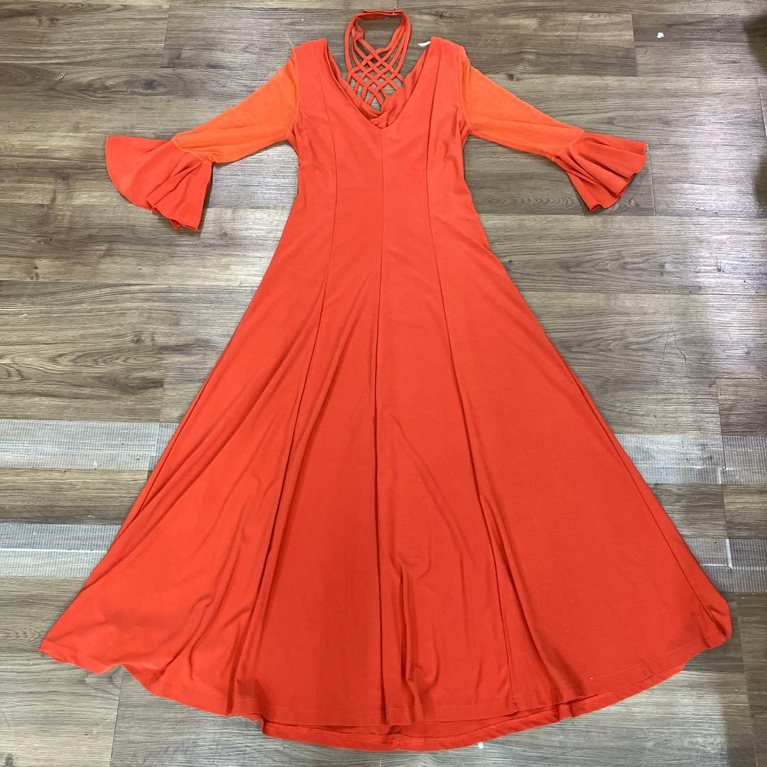 2.3 社交ダンス 舞台衣装 フレアスリーブ ロングドレス オレンジ 衣装