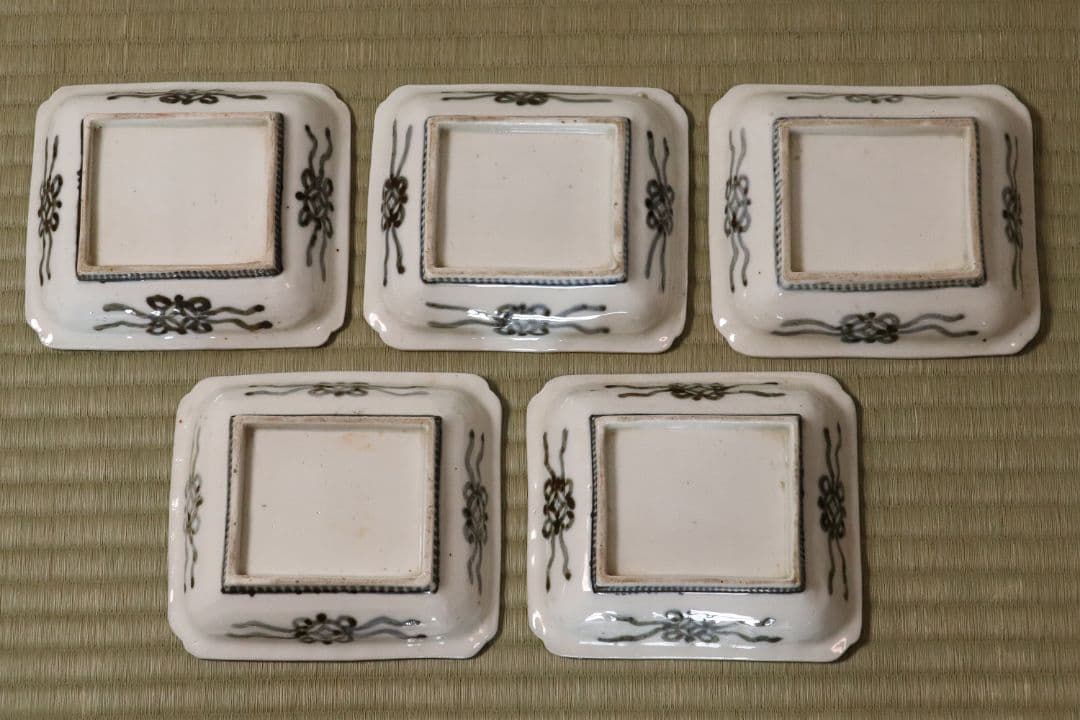 古伊万里 美人図 色絵 角皿 刺身皿 五客 人物 桜 小紋 明治期【MA424】