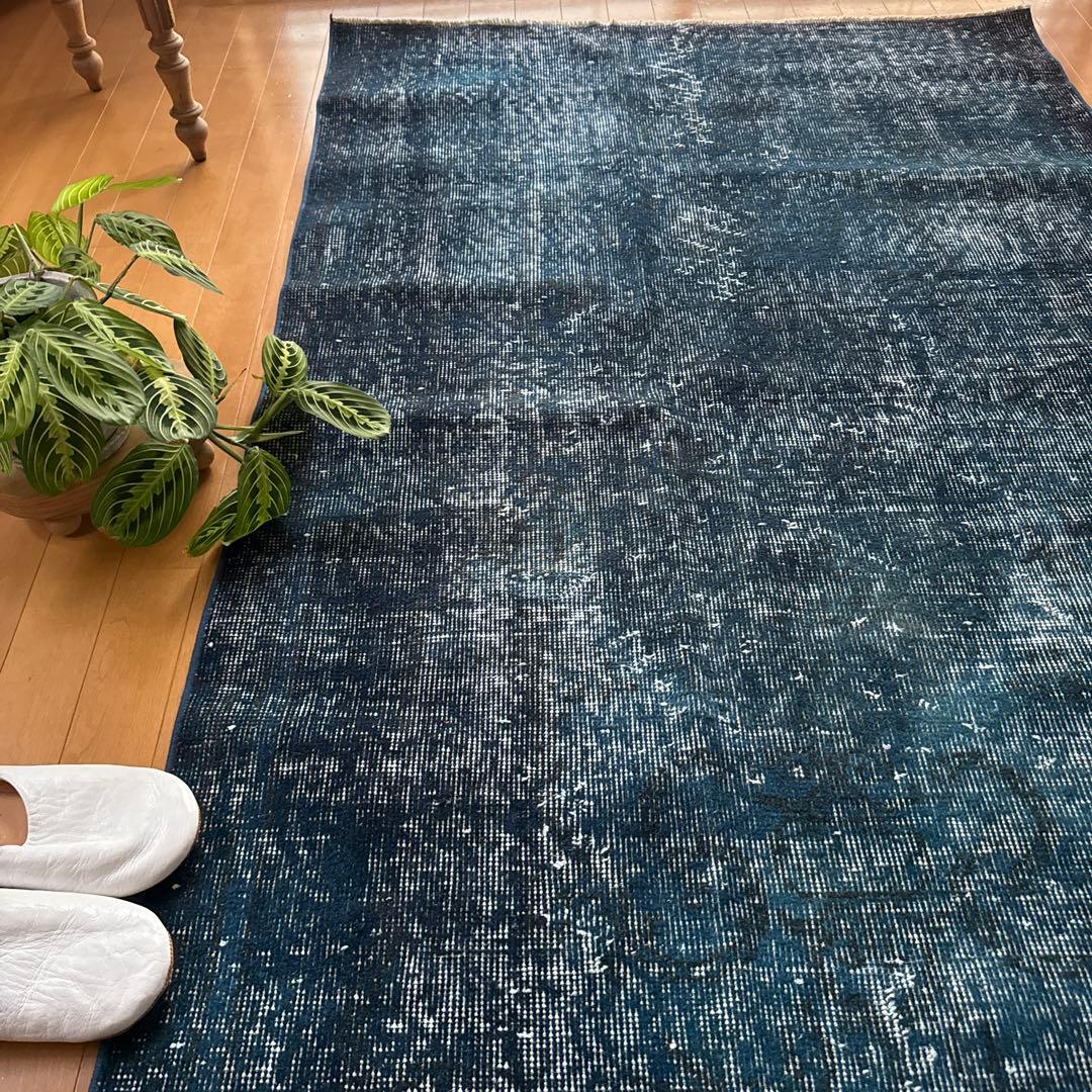 110×191ネイビーインディゴブルー　オーバーダイ　トルコヴィンテージラグ