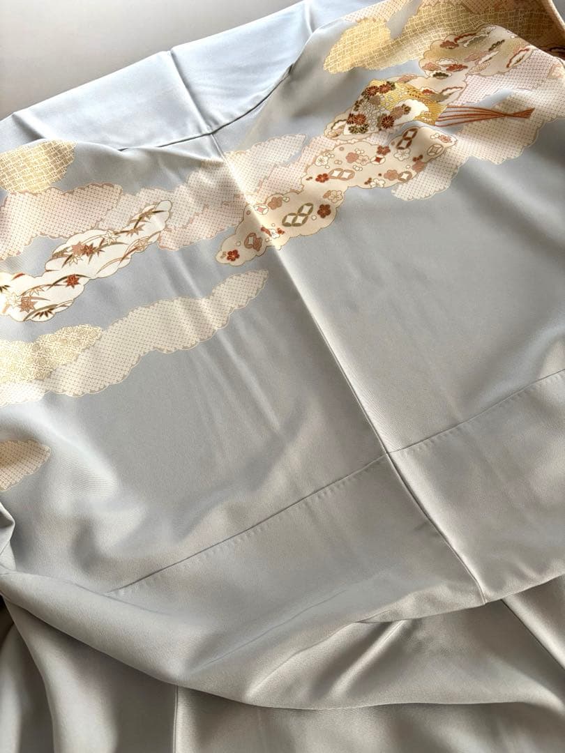 正絹 ごく薄水色 金彩友禅 古典文様 袷 訪問着 上前友禅柄入り共八掛 未使用