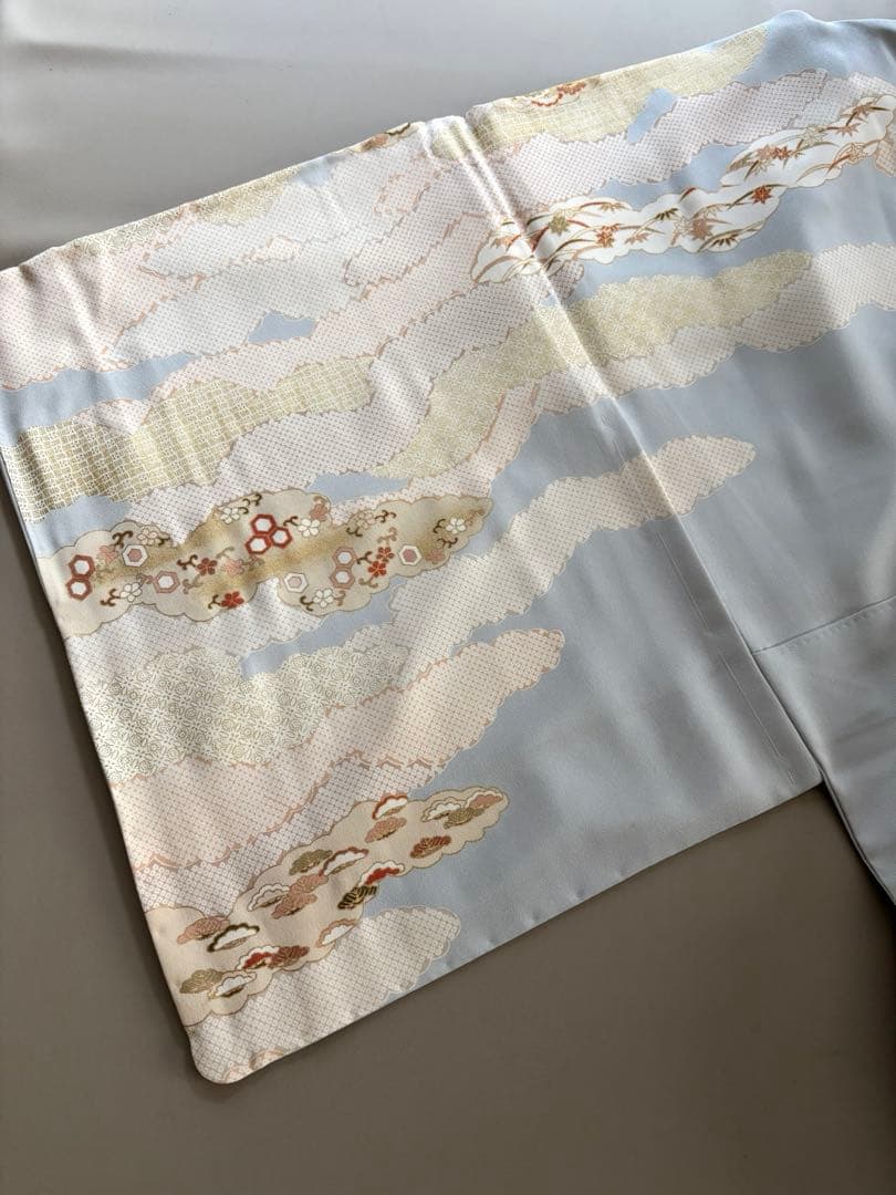 正絹 ごく薄水色 金彩友禅 古典文様 袷 訪問着 上前友禅柄入り共八掛 未使用