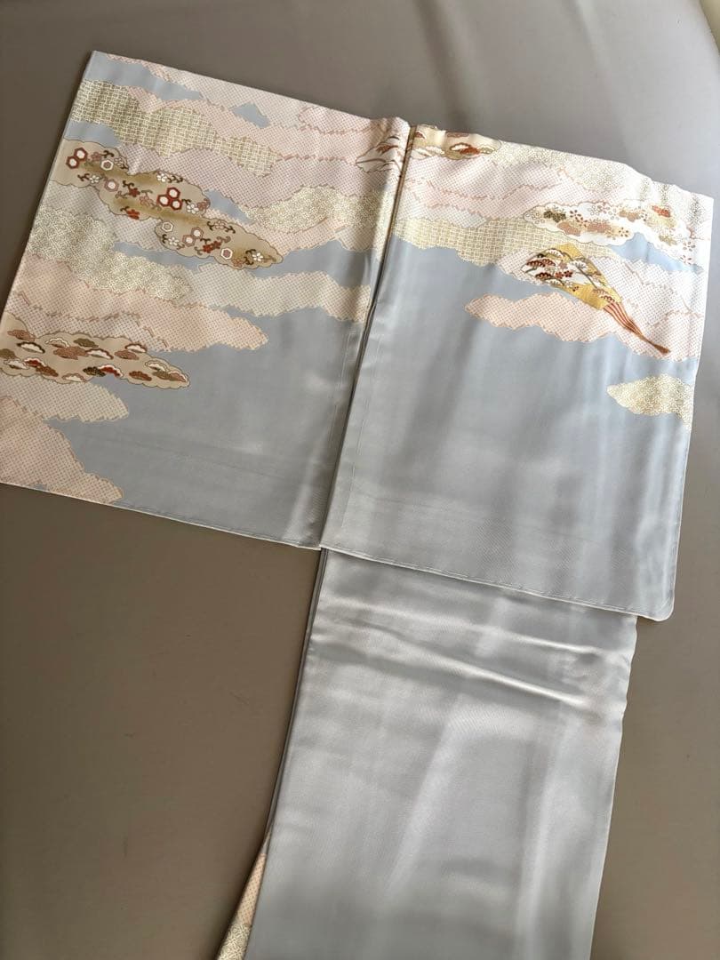 正絹 ごく薄水色 金彩友禅 古典文様 袷 訪問着 上前友禅柄入り共八掛 未使用