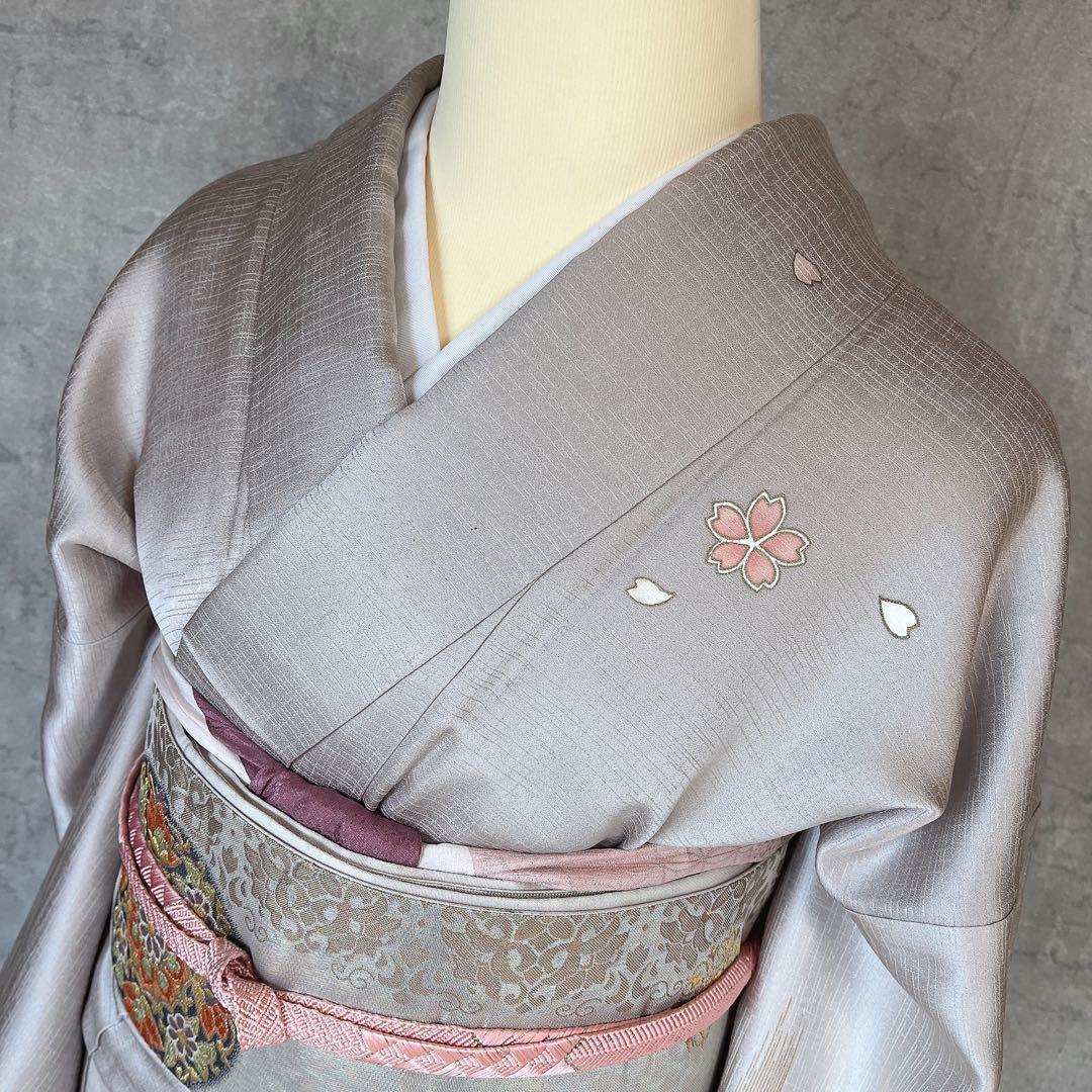 訪問着　フルセット　正絹　付け下げ　着物　蝶　桜　花　金　Ｉ9