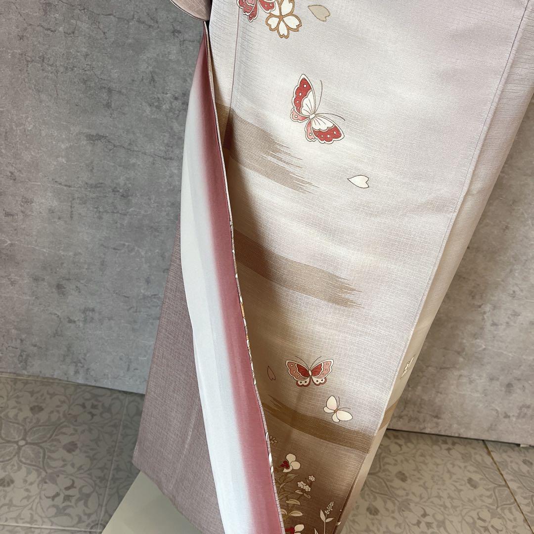 訪問着　フルセット　正絹　付け下げ　着物　蝶　桜　花　金　Ｉ9