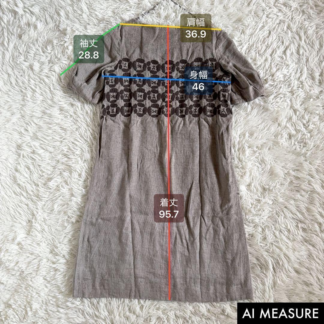 ミナペルホネン dear 刺繍ワンピース 半袖 リネン ベージュ系 36サイズ