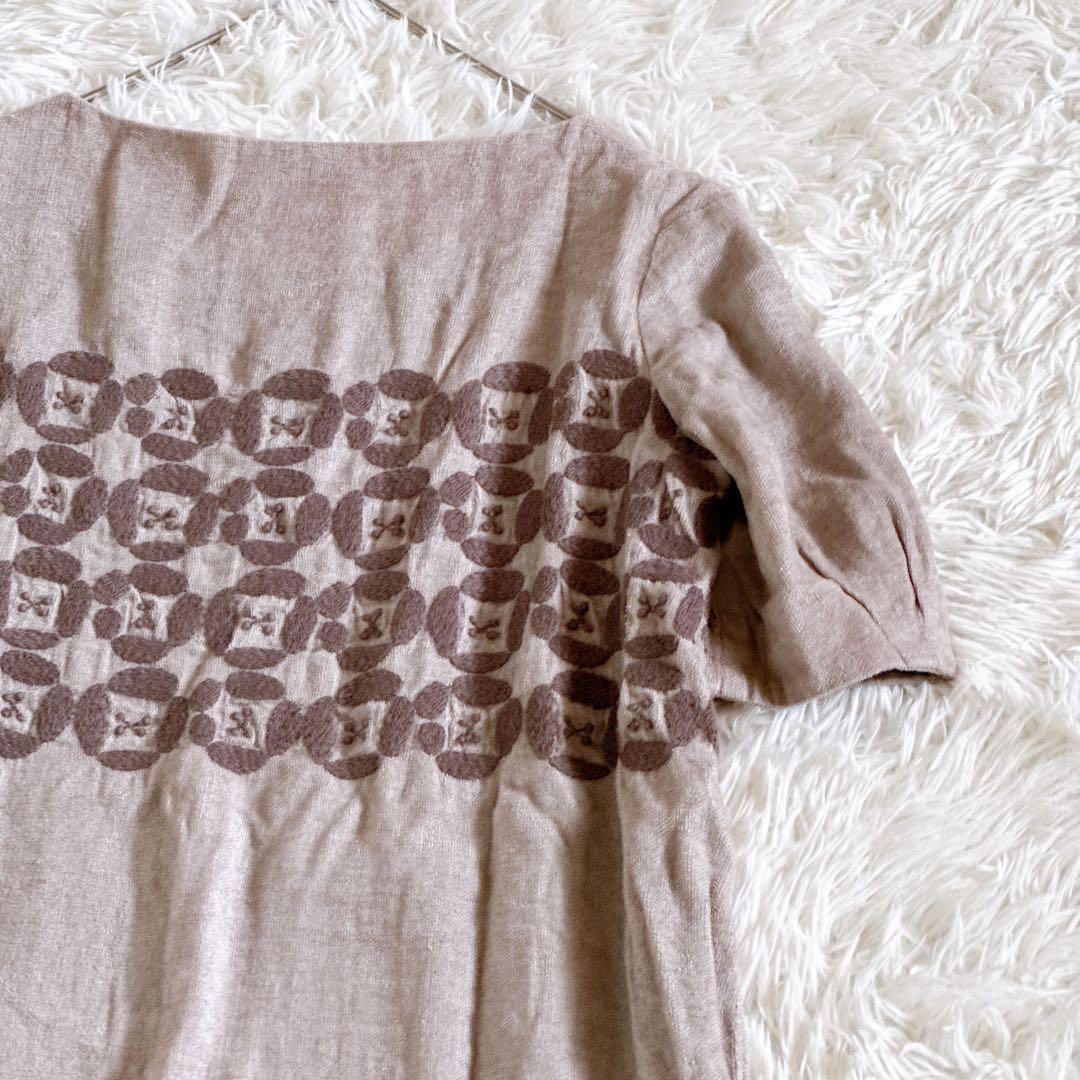 ミナペルホネン dear 刺繍ワンピース 半袖 リネン ベージュ系 36サイズ