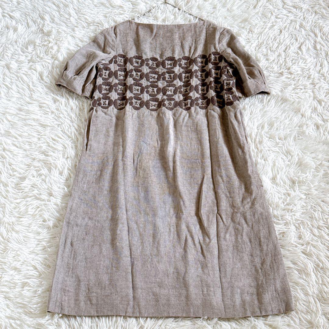 ミナペルホネン dear 刺繍ワンピース 半袖 リネン ベージュ系 36サイズ