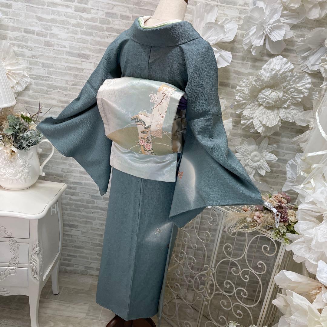 青緑色 小紋着物 刺繍入り