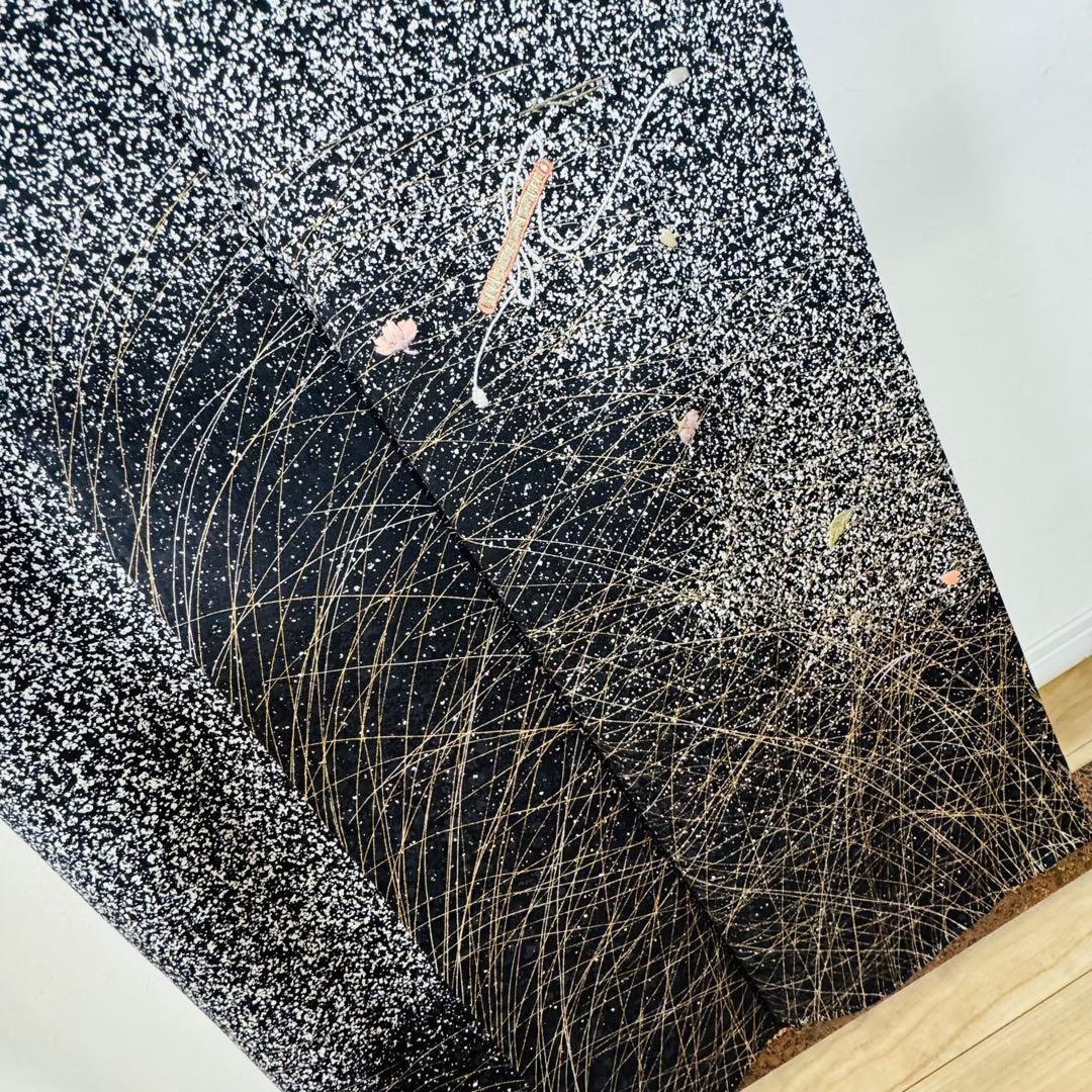 超美品　正絹　袷　訪問着　着物　帯揚げ　帯締め　袋帯　4点　152裄65 黒　白